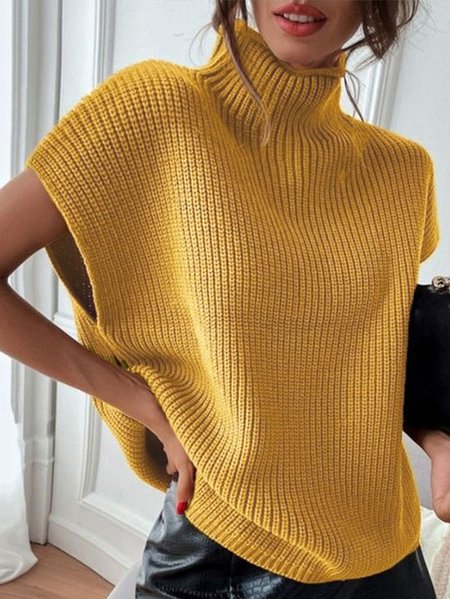 

Daily Short sleeve Plain Turtleneck Simple Sweater, Yellow, Sweaters