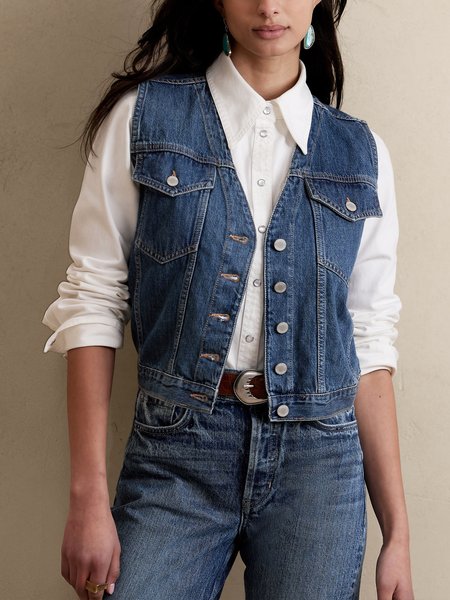 

Plain V Neck Denim Casual Vest, Blue, Vests and Gilets