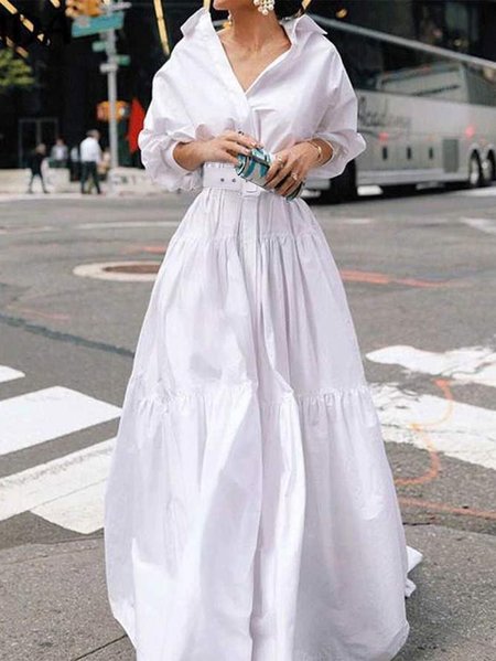 

Urban Shirt Collar Maxi Dress With Belt, White, Maxi Dresses