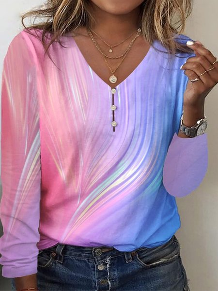 

Plus Size V Neck Abstract Casual Loose T-Shirt, Pink, Long sleeves
