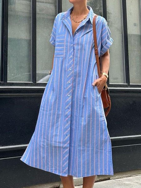 

Fresh Short Sleeve Striped Midi Buttoned Shirt Dress, Blue, Dresses