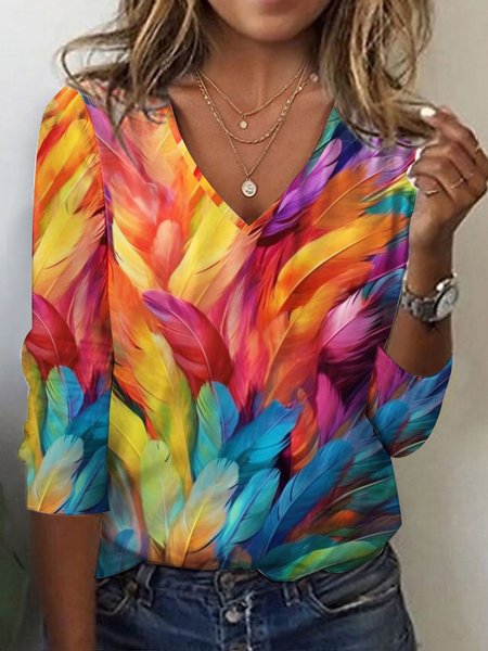 

Loose-Fit Knitted T-Shirt With Colorful Feather Pattern, Yellow, T-Shirts