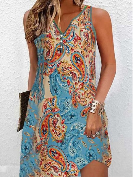 

Buttoned Casual Paisley Loose Dress, Blue, Dresses