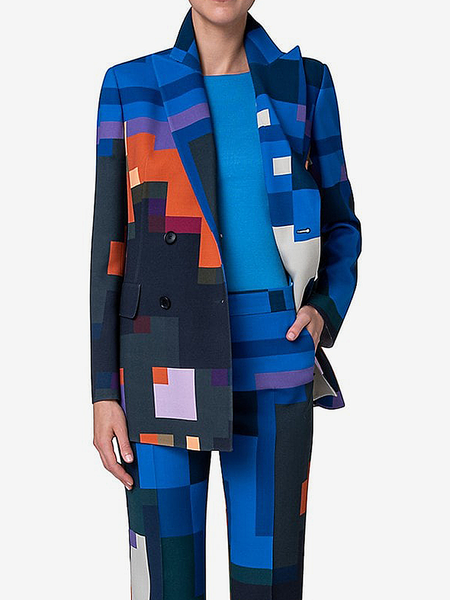 

Pocket Stitching Urban Loose Lapel Collar Long sleeve Colorblock Blazer, Blue, Blazers