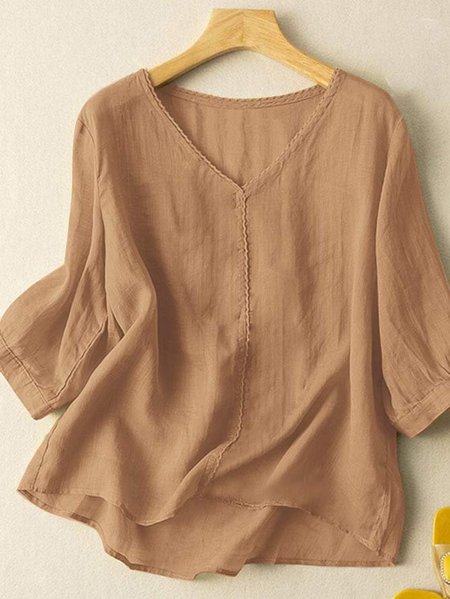 

Loose Casual Lace Edge Cotton Shirt, Khaki, Shirts & Blouses