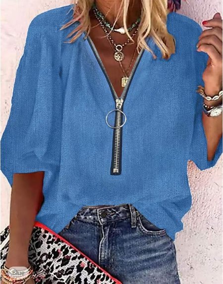 

Zipper Casual V Neck Regular Fit Shirt, Blue, Shirts & Blouses