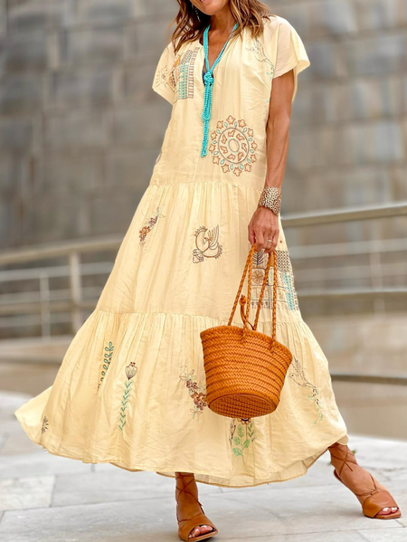 

Ethnic Geometry V Neck Regular Fit Casual Dress, Yellow, Dresses