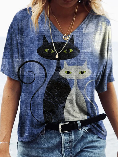 

Loose Cat V Neck Casual T-Shirt, Blue, T-Shirts