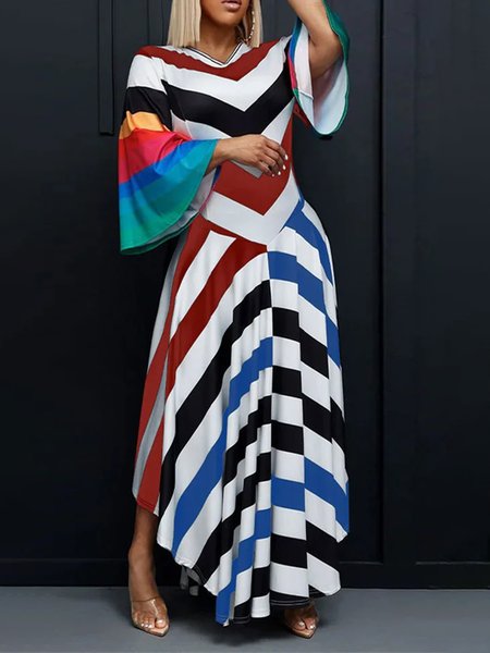 

Long sleeve V Neck Striped Urban Regular Fit Dress, Black, Maxi Dresses
