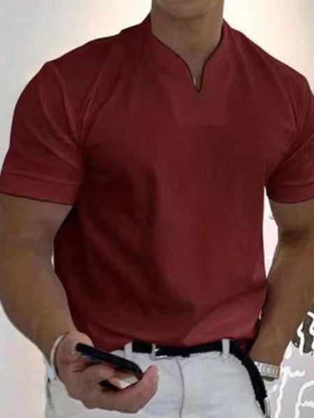 

V Neck Regular Fit Plain Casual T-Shirt, Wine red, T-Shirts