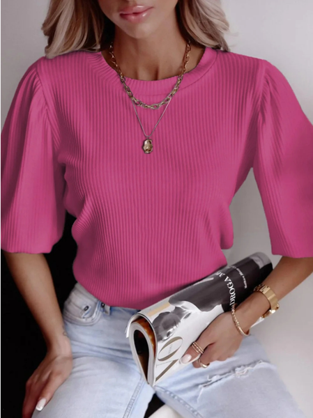 

Casual Loose Crew Neck Plain T-Shirt, Dark pink, T-Shirts