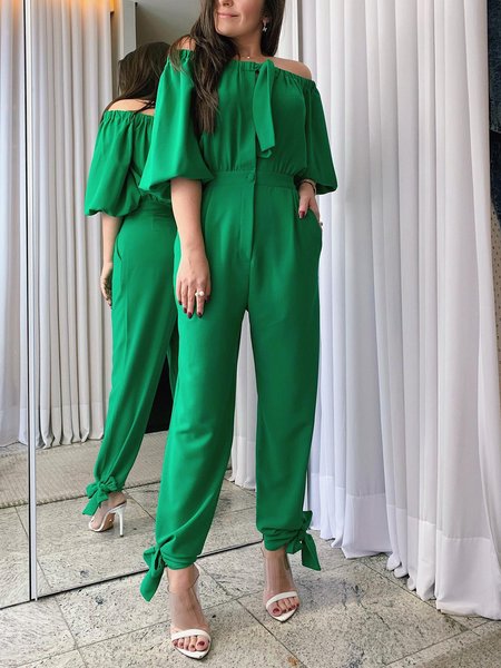 

Cold Shoulder Pocket Stitching Plain Urban Jumpsuit, Green, Jumpsuits