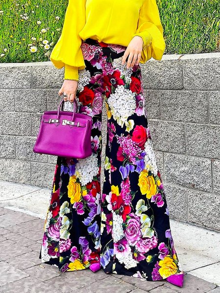 

Regular Fit Urban Floral Pants, As picture, Pants