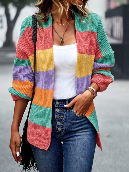 

Color Block V Neck Casual Loose Cardigan, Green, Sweaters