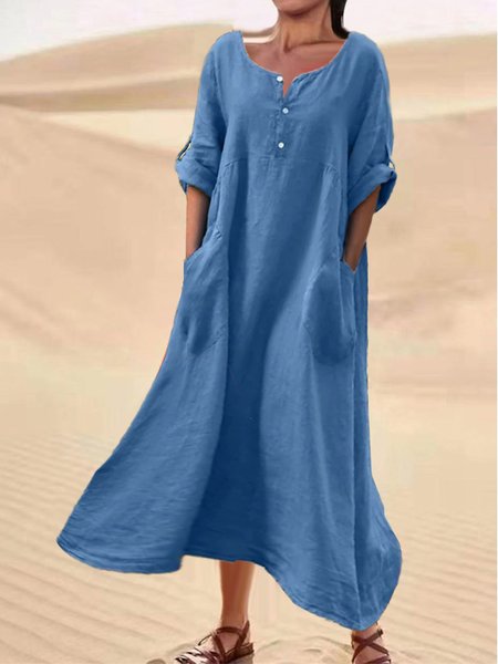 

Women's Casual Dress Cotton Linen Dress Swing Dress Maxi long Dress, Blue, Dresses