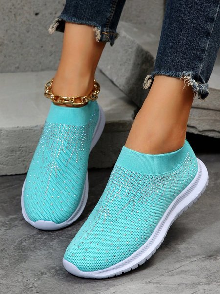 

Rhinestone Breathable Slip On Flyknit Sneakers, Blue, Sneakers
