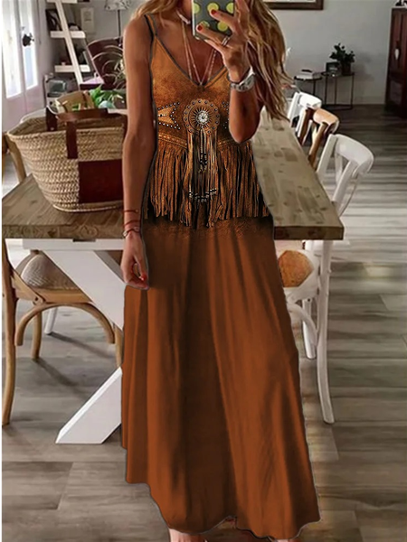 

Ethnic Spaghetti Loose Casual Dress, Brown, Dresses
