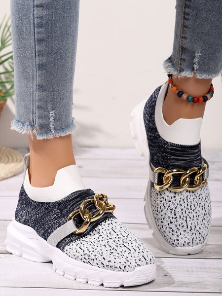 

Gold Thick Chain Contrast Color Stitching Flying Knitting Sneakers, White, Sneakers