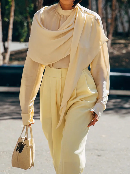 

Lightweight Plain Urban Stand Collar Long sleeve Loose Shirt, Yellow, Blouses and Shirts