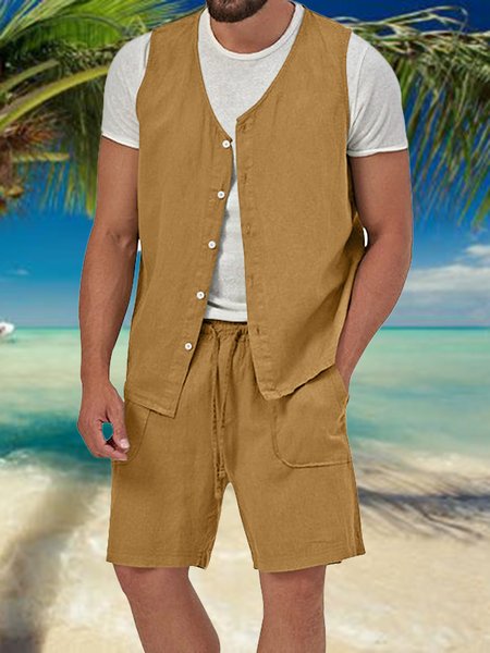 

Casual Plain Regular Fit Crew Neck Two-Piece Set, Yellow, Suit Set