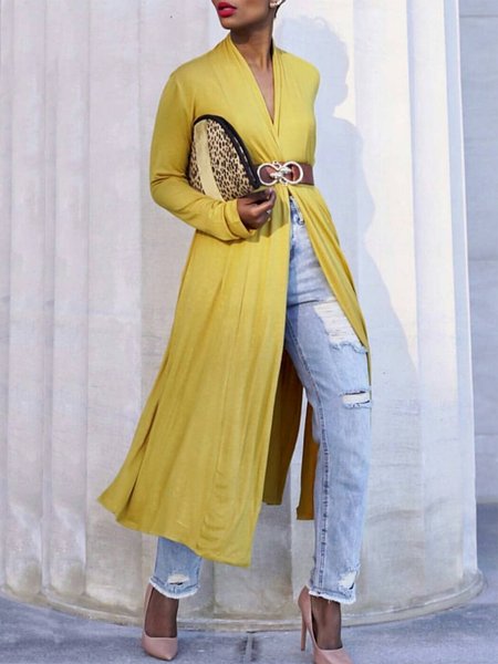 

Urban Simple Plain Loose Long Sleeve Kimono, Yellow, Kimonos