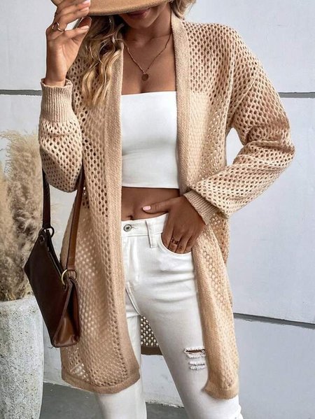 

V Neck Plain Casual Loose Cardigan, Khaki, Cardigans