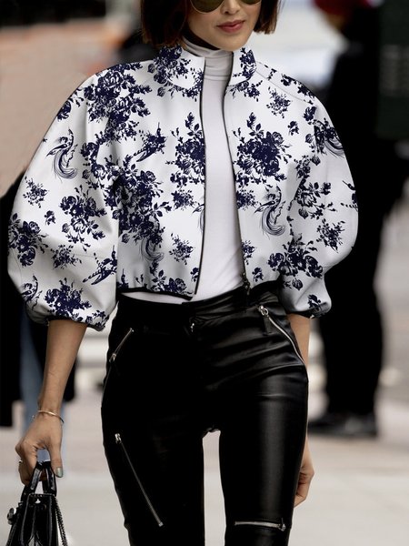 

Floral Urban Stand Collar Loose Jacket, White, Jackets