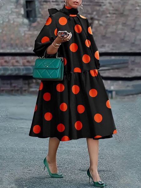 

Elegant Polka Dots Stand Collar Loose Midi Dress With No Belt, Orange, Midi Dresses