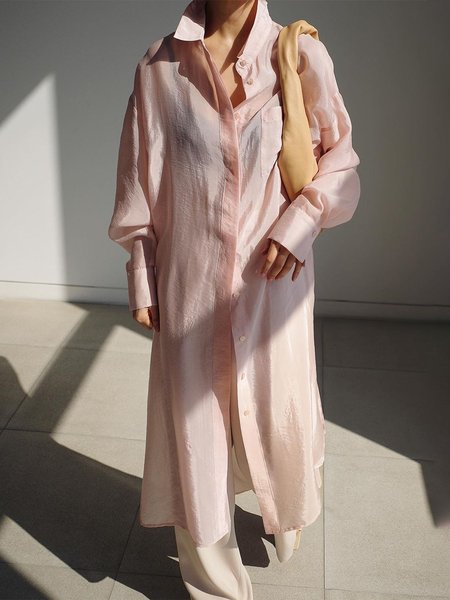 

Shirt Collar Loose Plain Urban Long Sleeve Blouse, Pink, Blouses and Shirts