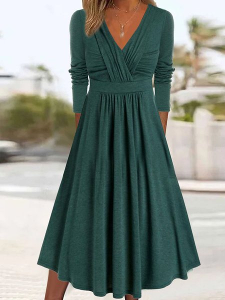 

Cross Casual Plain V-neck Dress, Deep green, Maxi Dresses