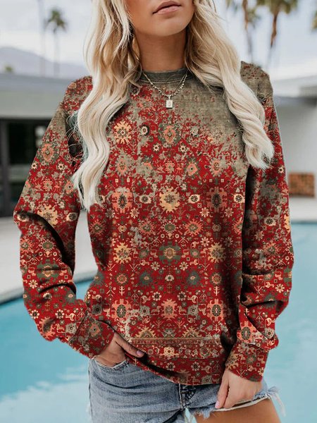 

Ethnic Loose Crew Neck Casual Sweatshirt, Claret_red, Sweatshirts & Hoodies