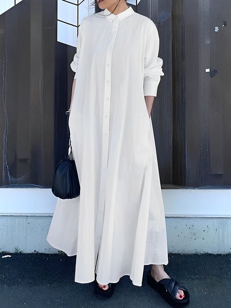 

Pocket Stitching Urban Loose Plain Shirt Dress, White, Maxi Dresses