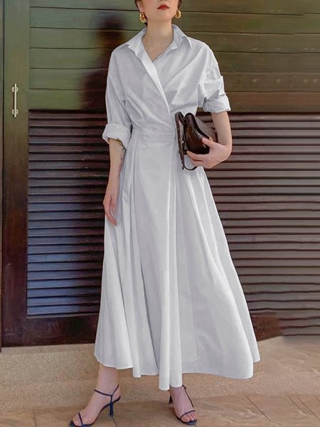 

Urban Shirt Collar Regular Fit Plain Dress, White, Maxi Dresses
