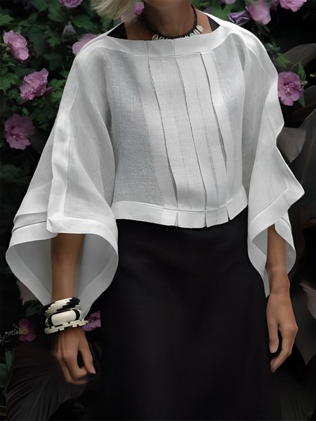 Loose Boat Neck Urban Pleats 3/4 Sleeves Shirt, White, Blouses and Shirts