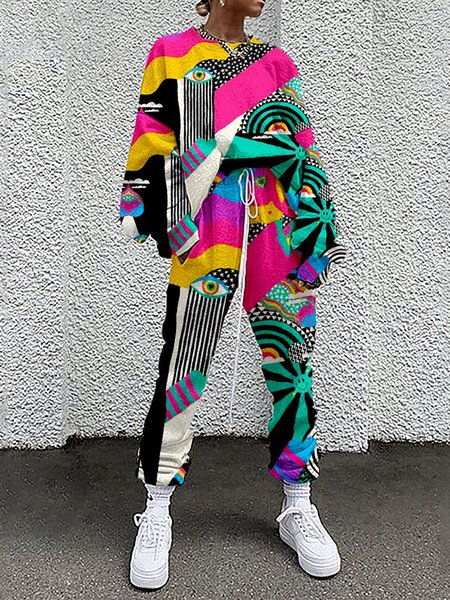 

Casual Abstract Crew Neck Regular Fit Two-Piece Set, Multicolor, Suit Set