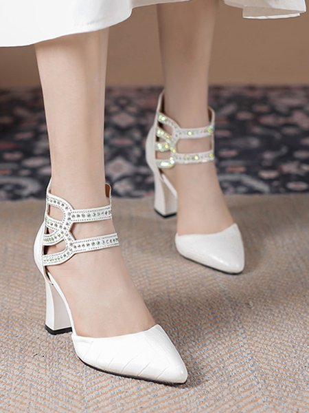 

Elegant Rhinestone Back Zip Party Chunky Heel Pumps, White, Heels