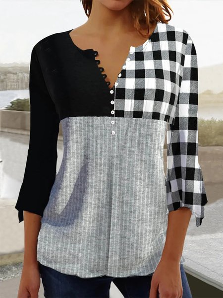 

Regular Fit Plaid Casual V Neck Shirt, Black, Shirts & Blouses