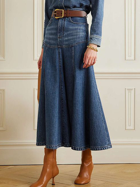 

Lightweight Urban Plain Loose Midi Denim Skirt, Denim blue, Denim Skirts