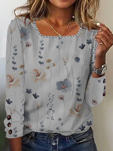 

Casual Floral Square Neck Buttoned Shirt, Gray, Shirts & Blouses