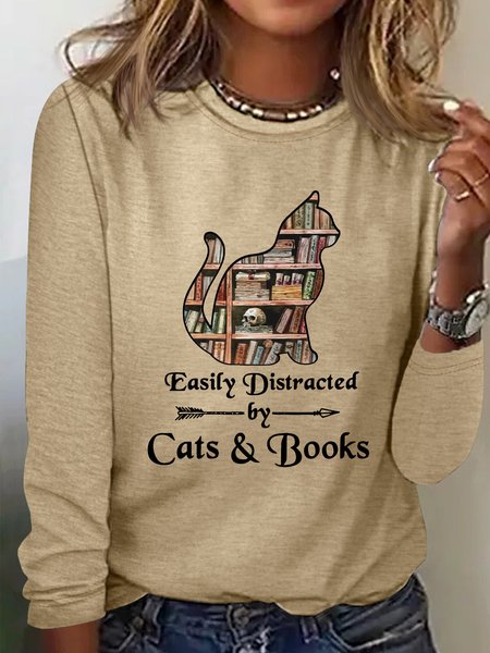 

Women's Easily Distracted By Cats And Books Crew Neck Casual Shirt, Khaki, Long sleeves