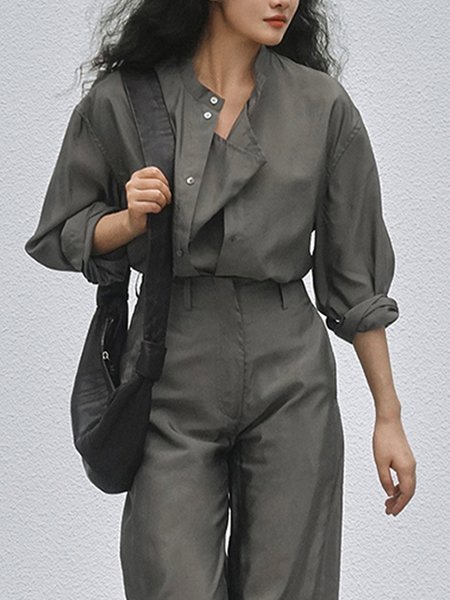 

Long Sleeve Urban Shirt Collar Plain Blouse, As picture, Blouses and Shirts