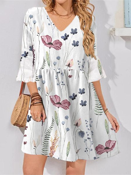 

Elegant Ruffled Sleeves Floral Dress, White, Dresses