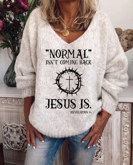

Normal Jesus Us V Neck Casual Loose Sweater, White, Sweaters