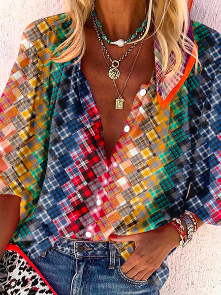 

Casual Loose Color Block V Neck Blouse, Red, Shirts & Blouses