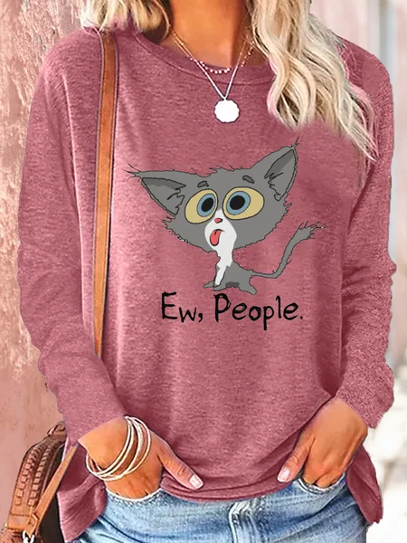 

Women's Ew People Funny Cat Casual Crew Neck Letters Shirt, Pink, Long sleeves