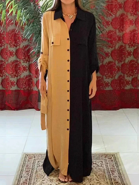 

Urban Shirt Collar Loose Color Block Long Sleeve Maxi Dress Shirt Dress, As picture, Maxi Dresses