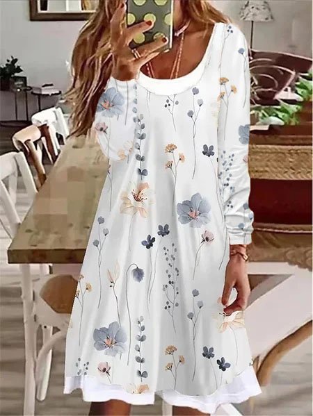 

Floral Casual Loose Crew Neck Dress, White, Dresses