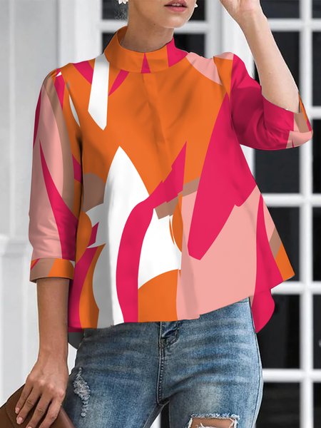 

Half Turtleneck Abstract Graphic Urban Blouse, Orange, Blouses and Shirts