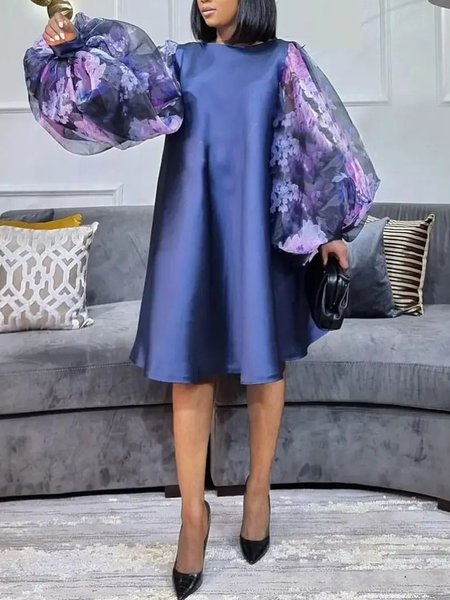 

Loose Elegant Floral Crew Neck Mini Dress With No Belt, As picture, Mini Dresses