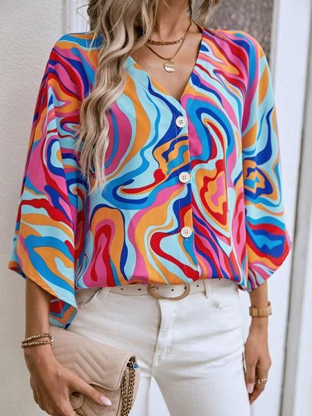 

Casual Loose Abstract Blouse, Pink, Shirts & Blouses